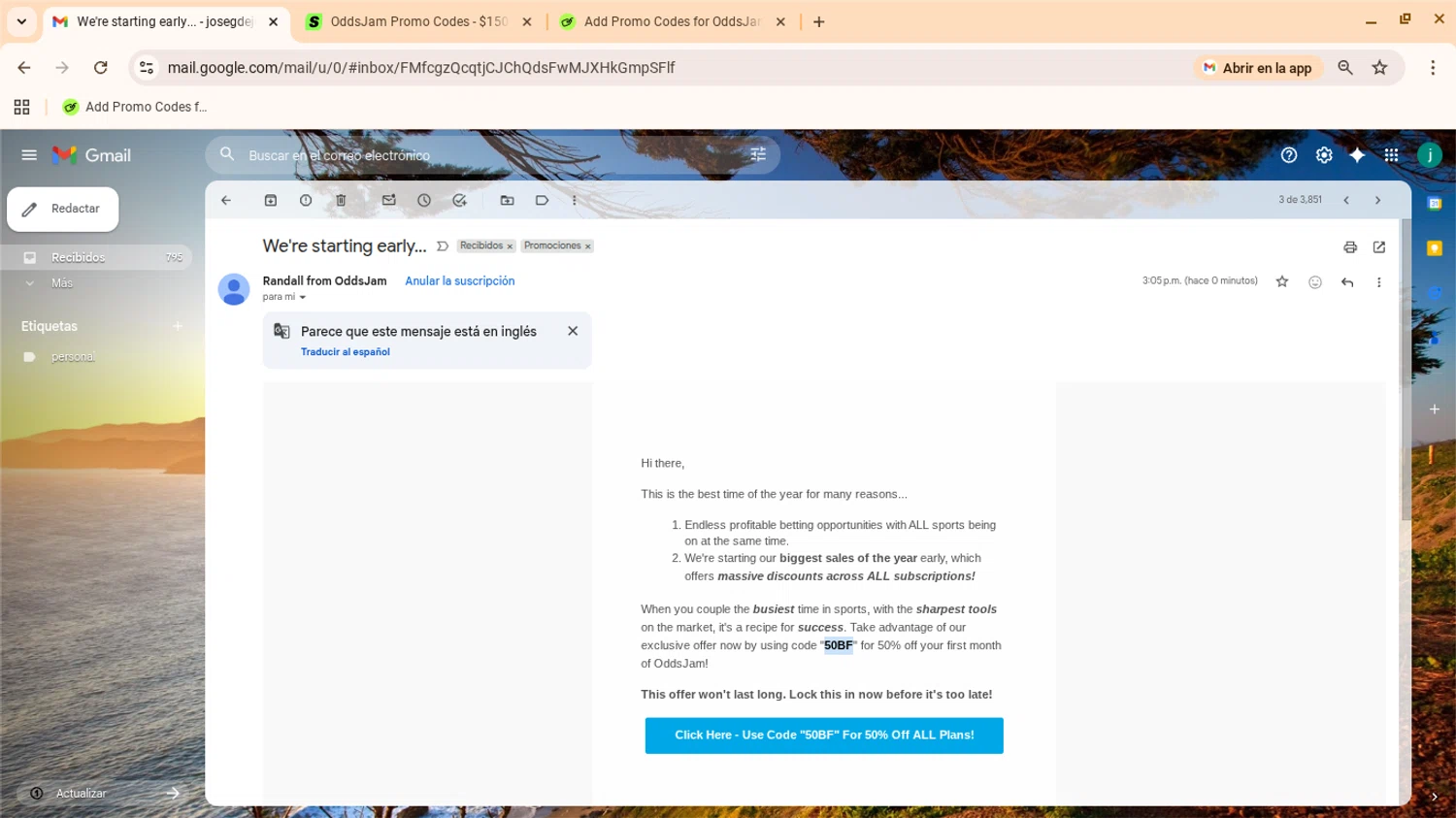 OddsJam promo code screenshot showing code 50BF applied at OddsJam checkout page. Uploaded by SimplyCodes community member yennifergonzalez on Nov 24, 2025