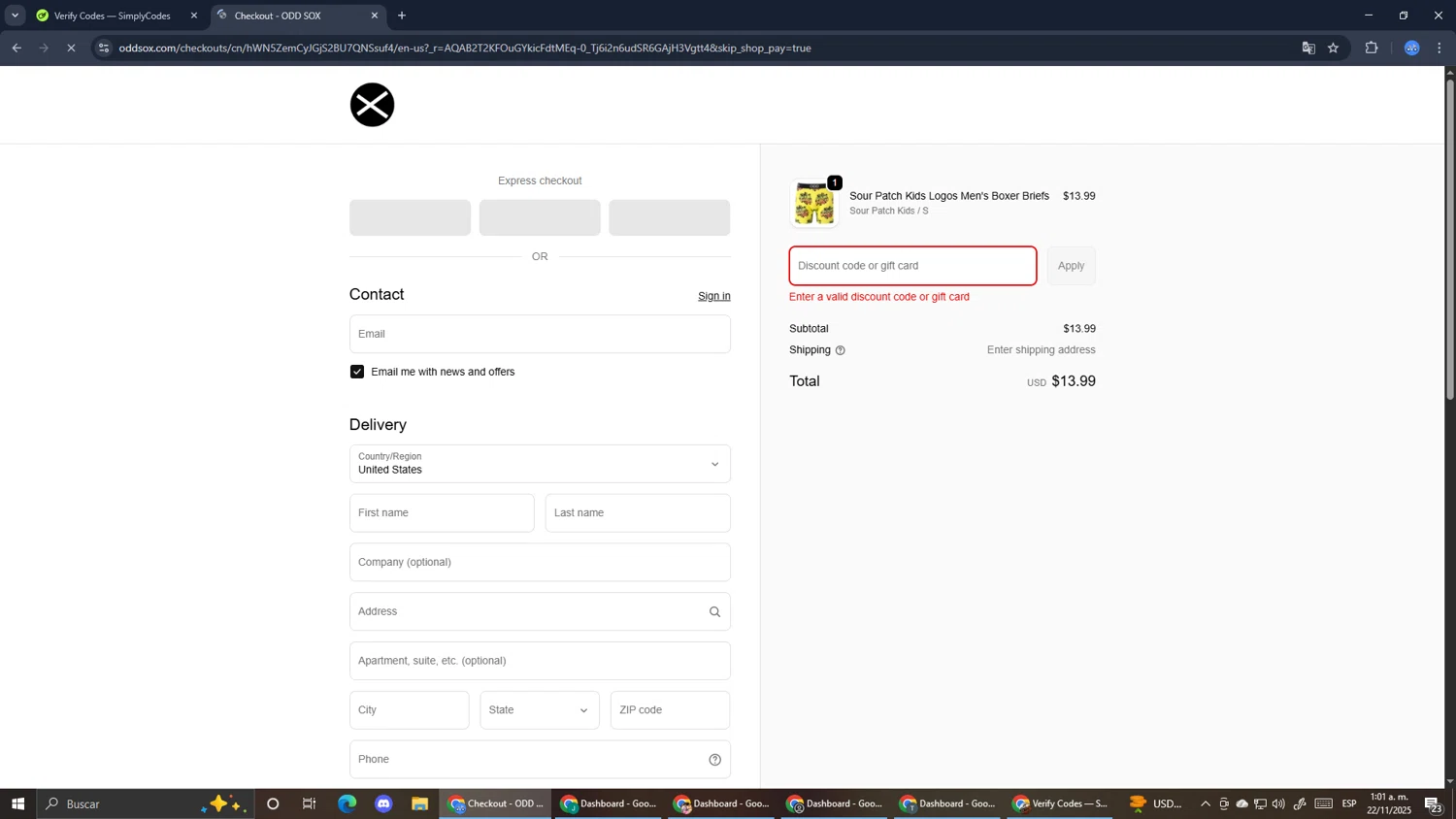 Odd Sox promo code screenshot showing code LASTCHANCE25 applied at Odd Sox checkout page. Uploaded by SimplyCodes community member RoyalExpert3857 on Nov 22, 2025