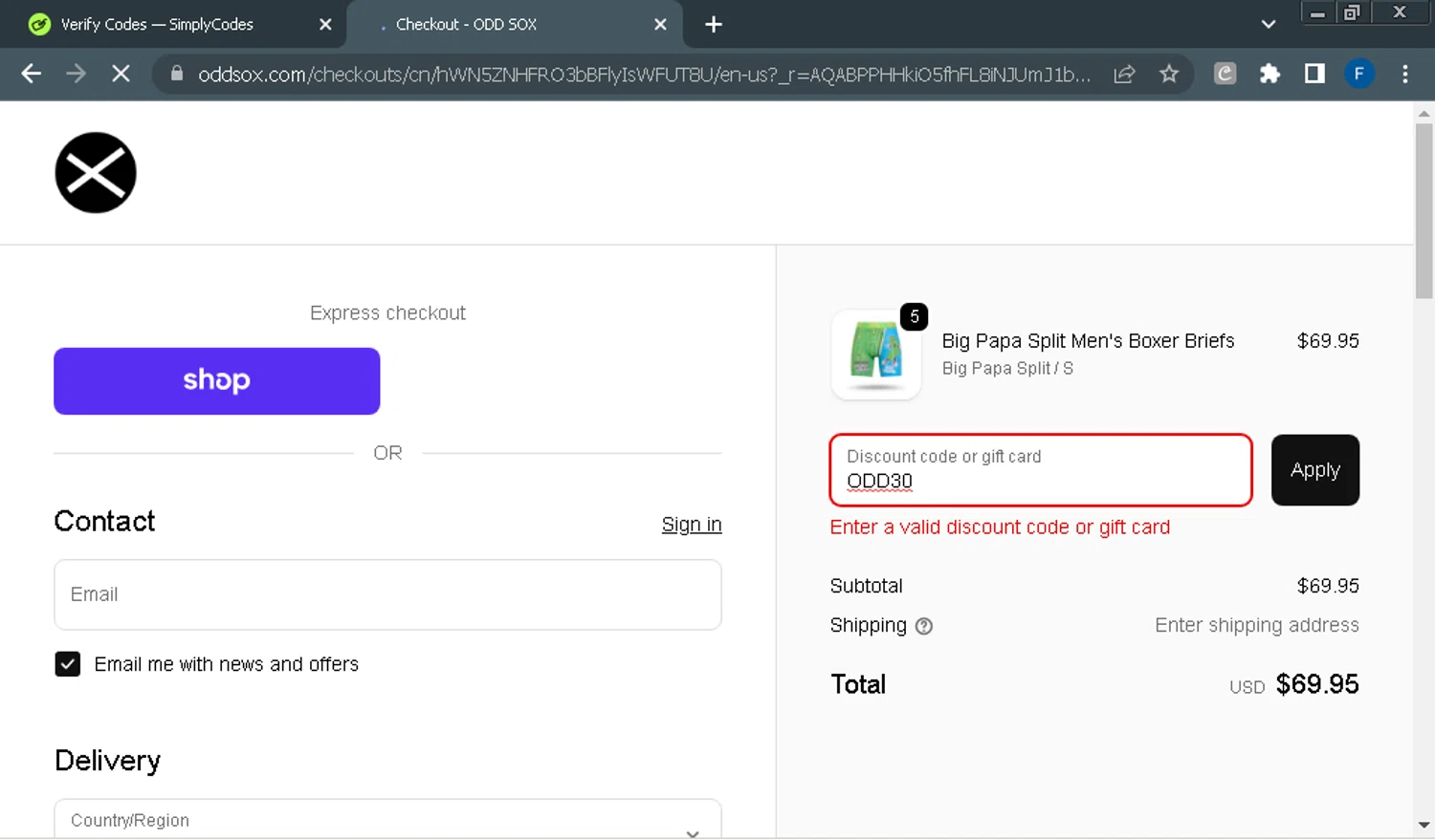 Odd Sox promo code screenshot showing code ODD30 applied at Odd Sox checkout page. Uploaded by SimplyCodes community member Fraimer on Nov 22, 2025