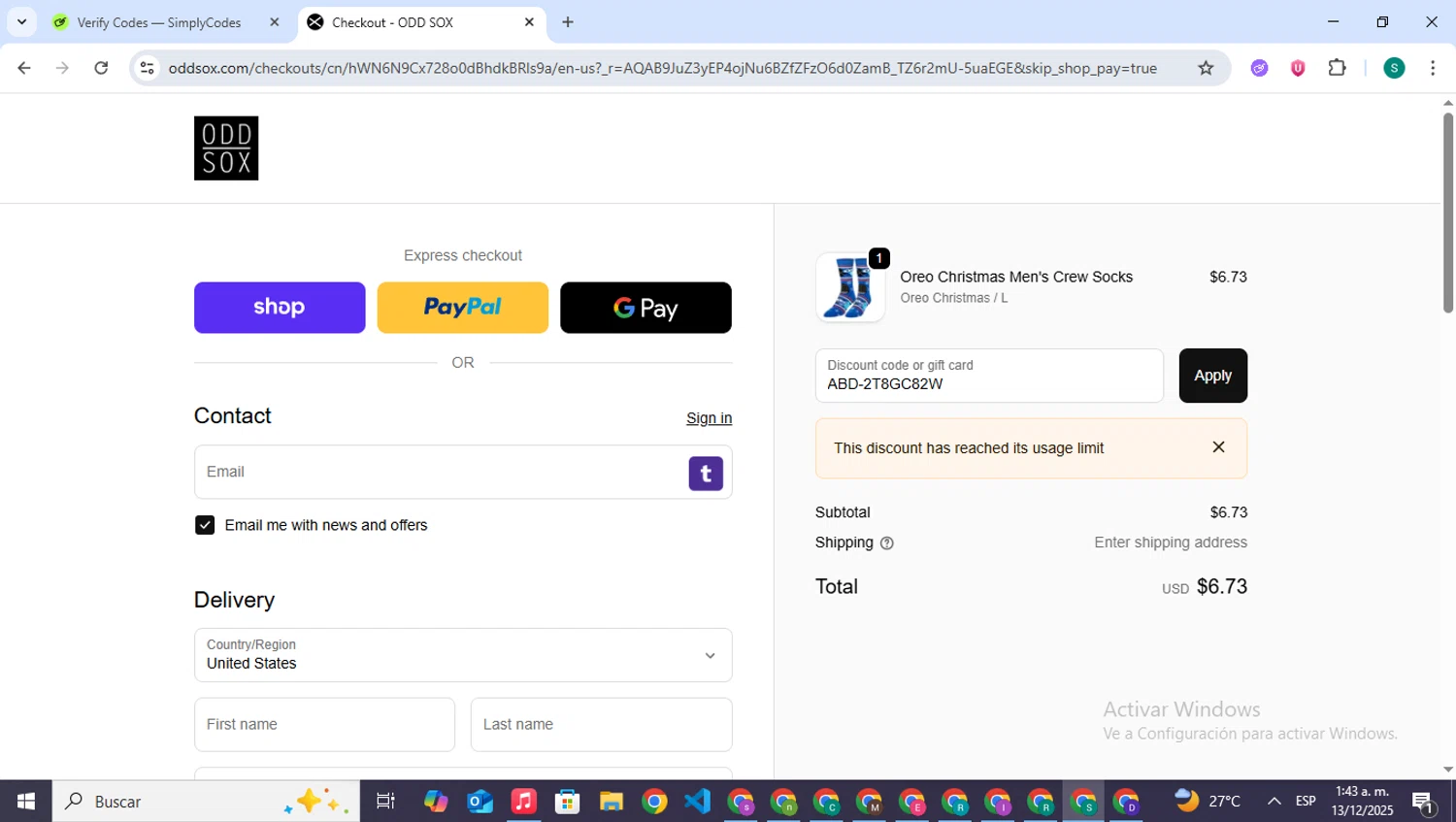 Odd Sox promo code screenshot showing code ABD-2T8GC82W applied at Odd Sox checkout page. Uploaded by SimplyCodes community member VictoriousPilot5281 on Dec 13, 2025