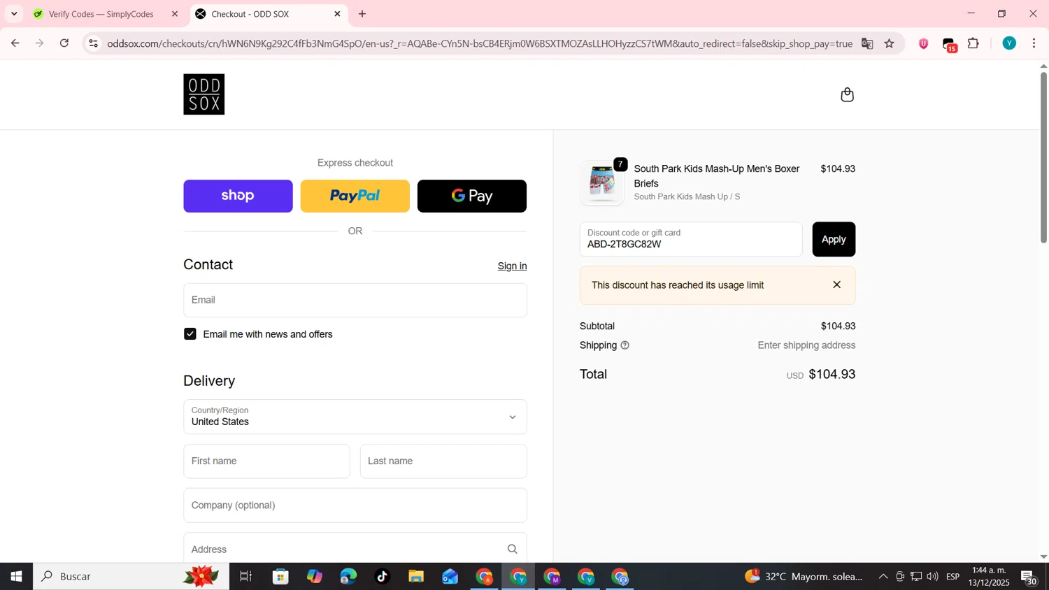 Odd Sox promo code screenshot showing code ABD-2T8GC82W applied at Odd Sox checkout page. Uploaded by SimplyCodes community member codygakpo on Dec 13, 2025