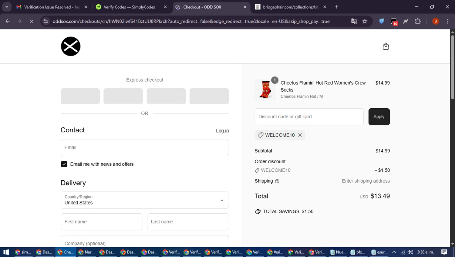 Odd Sox promo code screenshot showing code WELCOME10 applied at Odd Sox checkout page. Uploaded by SimplyCodes community member DiscountExpert6435 on Jun 29, 2025