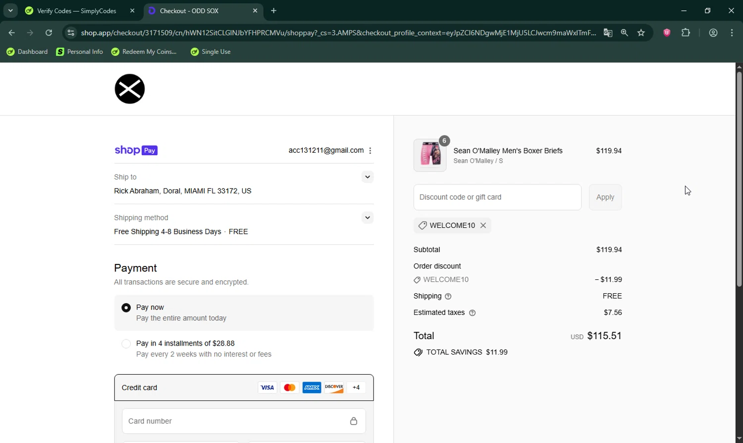 Odd Sox promo code screenshot showing code WELCOME10 applied at Odd Sox checkout page. Uploaded by SimplyCodes community member LHaunter on Jul 25, 2025