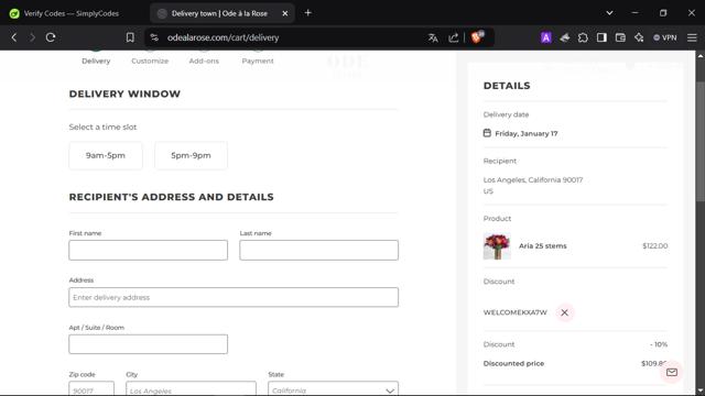 Ode A La Rose checkout page showing Ode A La Rose promo code box | Screenshot taken by SimplyCodes community member on Jan 16, 2025