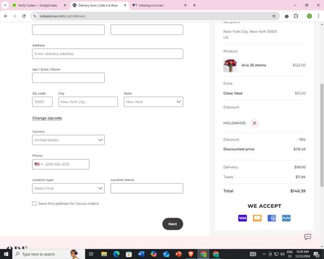 Ode A La Rose checkout page showing Ode A La Rose promo code box | Screenshot taken by SimplyCodes community member on Dec 23, 2024