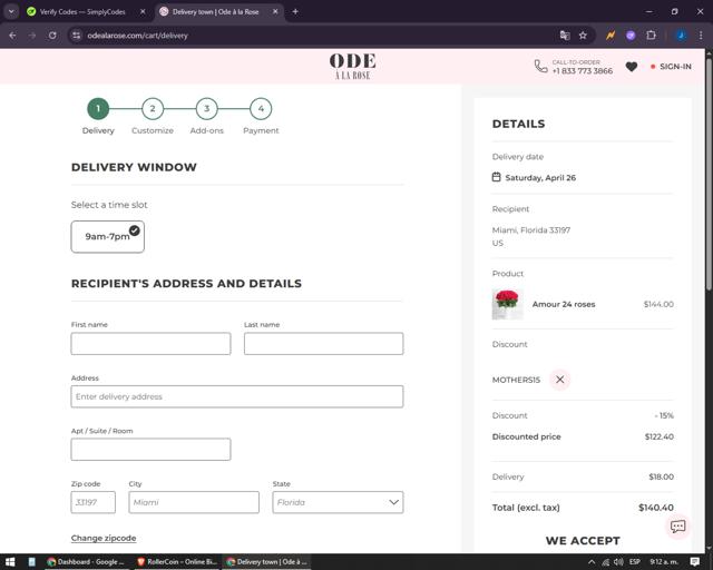 Ode A La Rose checkout page showing Ode A La Rose promo code box | Screenshot taken by SimplyCodes community member on Apr 25, 2025