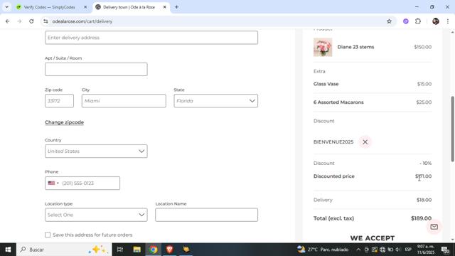 Ode A La Rose checkout page showing Ode A La Rose promo code box | Screenshot taken by SimplyCodes community member on Jun 11, 2025