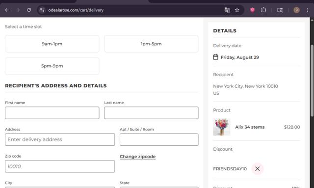 Ode A La Rose checkout page showing Ode A La Rose promo code box | Screenshot taken by SimplyCodes community member on Jul 28, 2025