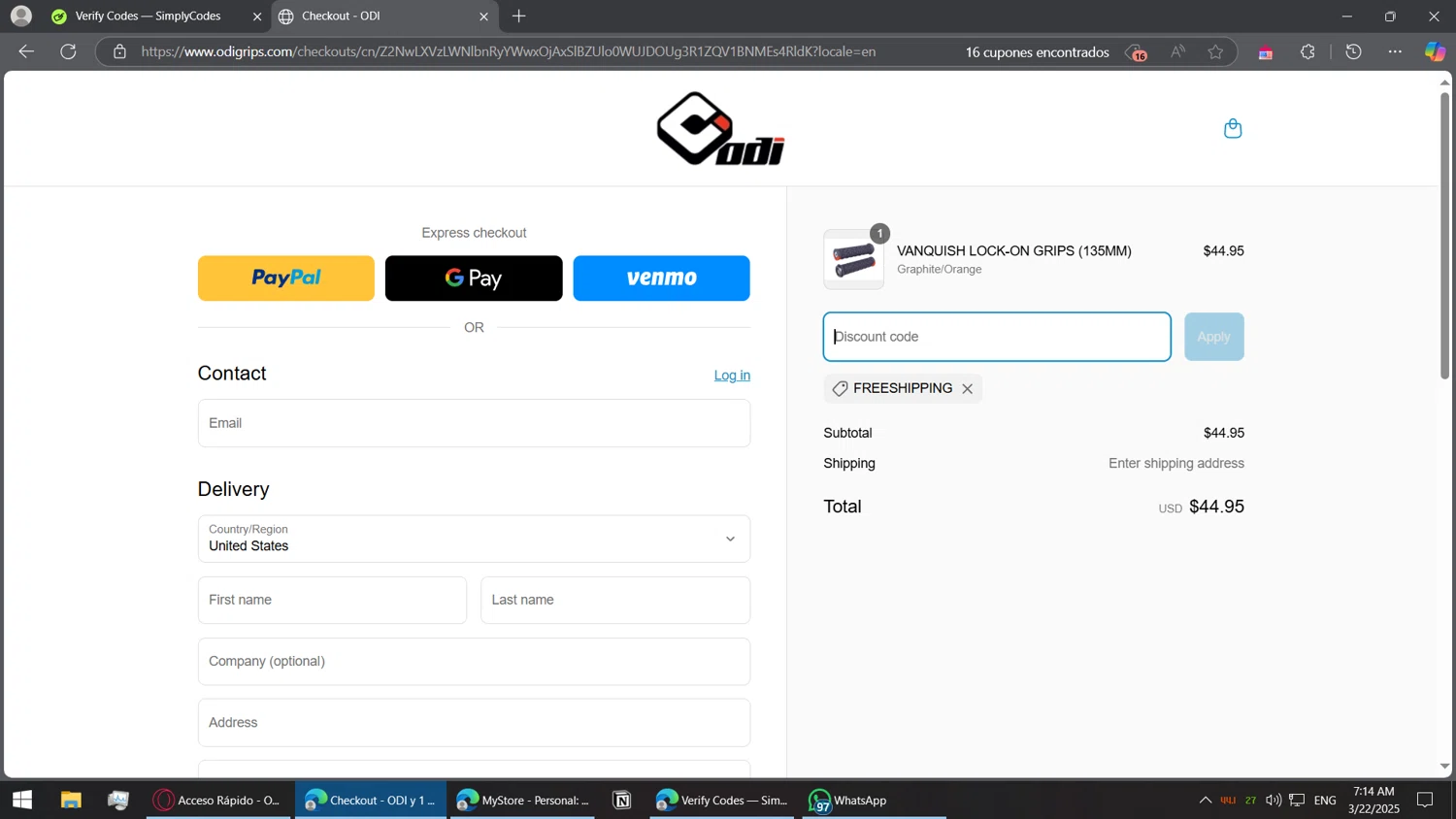 Odi Grips discount code screenshot showing code FREESHIPPING applied at Odi Grips checkout page. Uploaded by SimplyCodes community member BorgeZzz on Mar 22, 2025