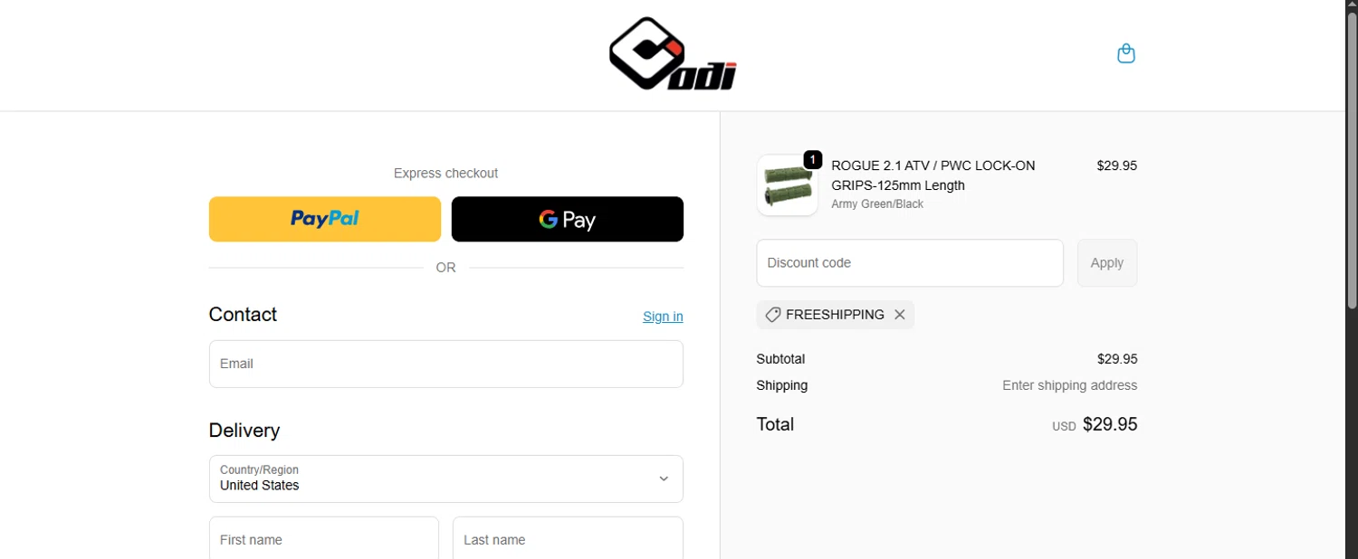 Odi Grips discount code screenshot showing code FREESHIPPING applied at Odi Grips checkout page. Uploaded by SimplyCodes community member CoinHunter3841 on Jan 7, 2026