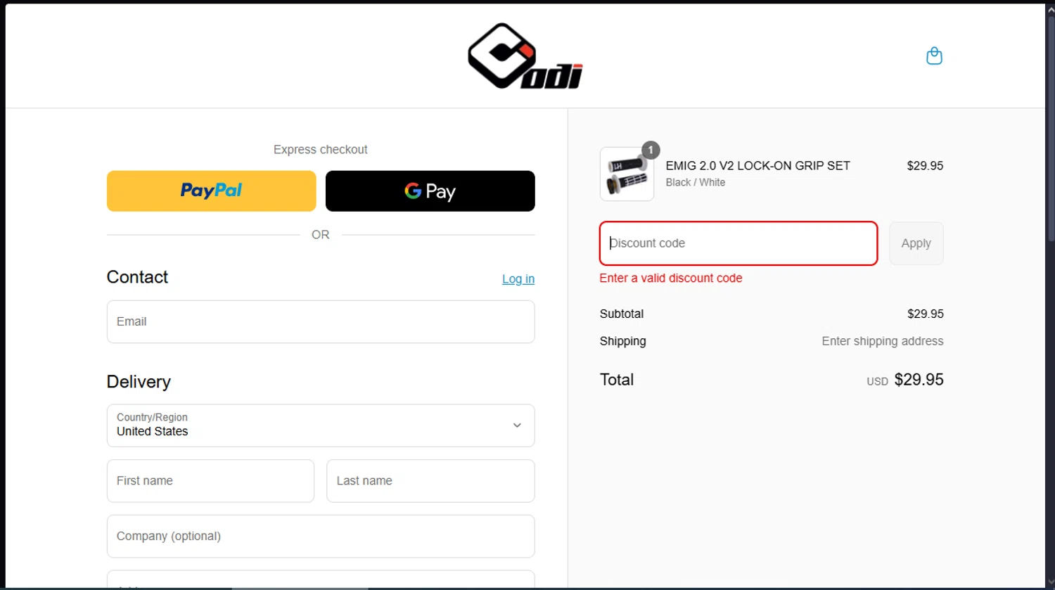 Odi Grips discount code screenshot showing code HN_X2J5P applied at Odi Grips checkout page. Uploaded by SimplyCodes community member CouponFalcon9871 on Aug 31, 2025