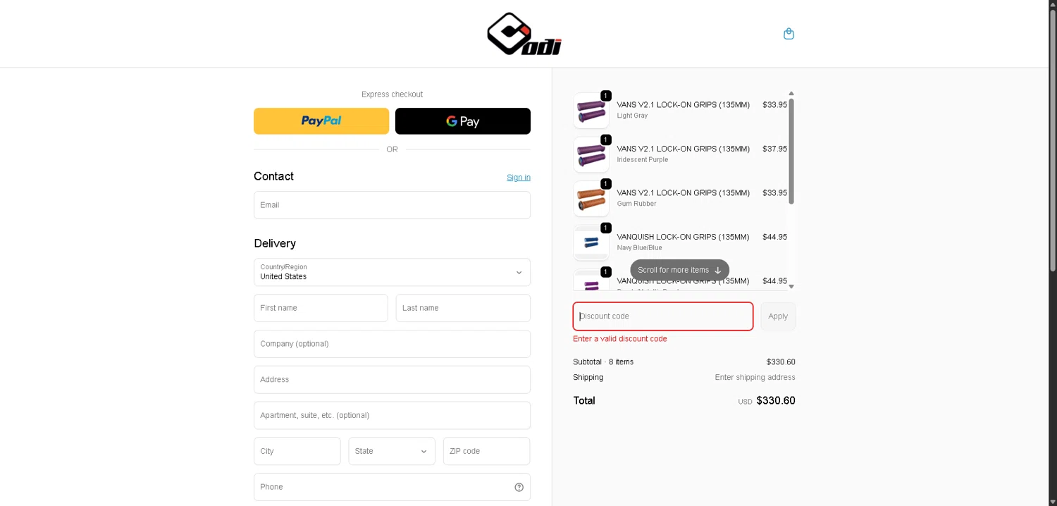 Odi Grips discount code screenshot showing code HN_G59KQ applied at Odi Grips checkout page. Uploaded by SimplyCodes community member VictoriousFinder4393 on Feb 10, 2026
