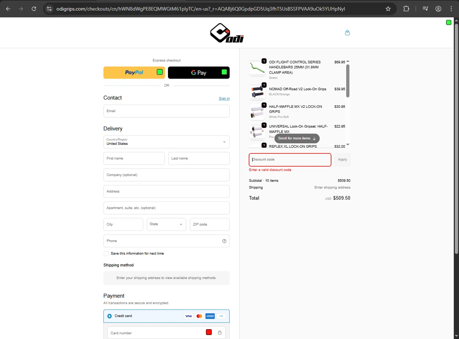Odi Grips discount code screenshot showing code HN_G59KQ applied at Odi Grips checkout page. Uploaded by SimplyCodes community member webiwabo on Feb 10, 2026