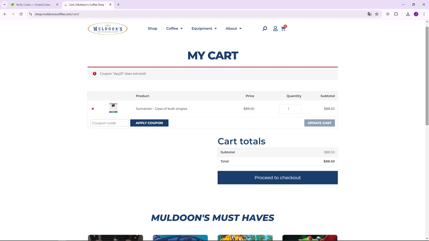 Odoo discount code screenshot showing code DAY10 applied at Odoo checkout page. Uploaded by SimplyCodes community member NobleHunter7932 on Jan 13, 2025