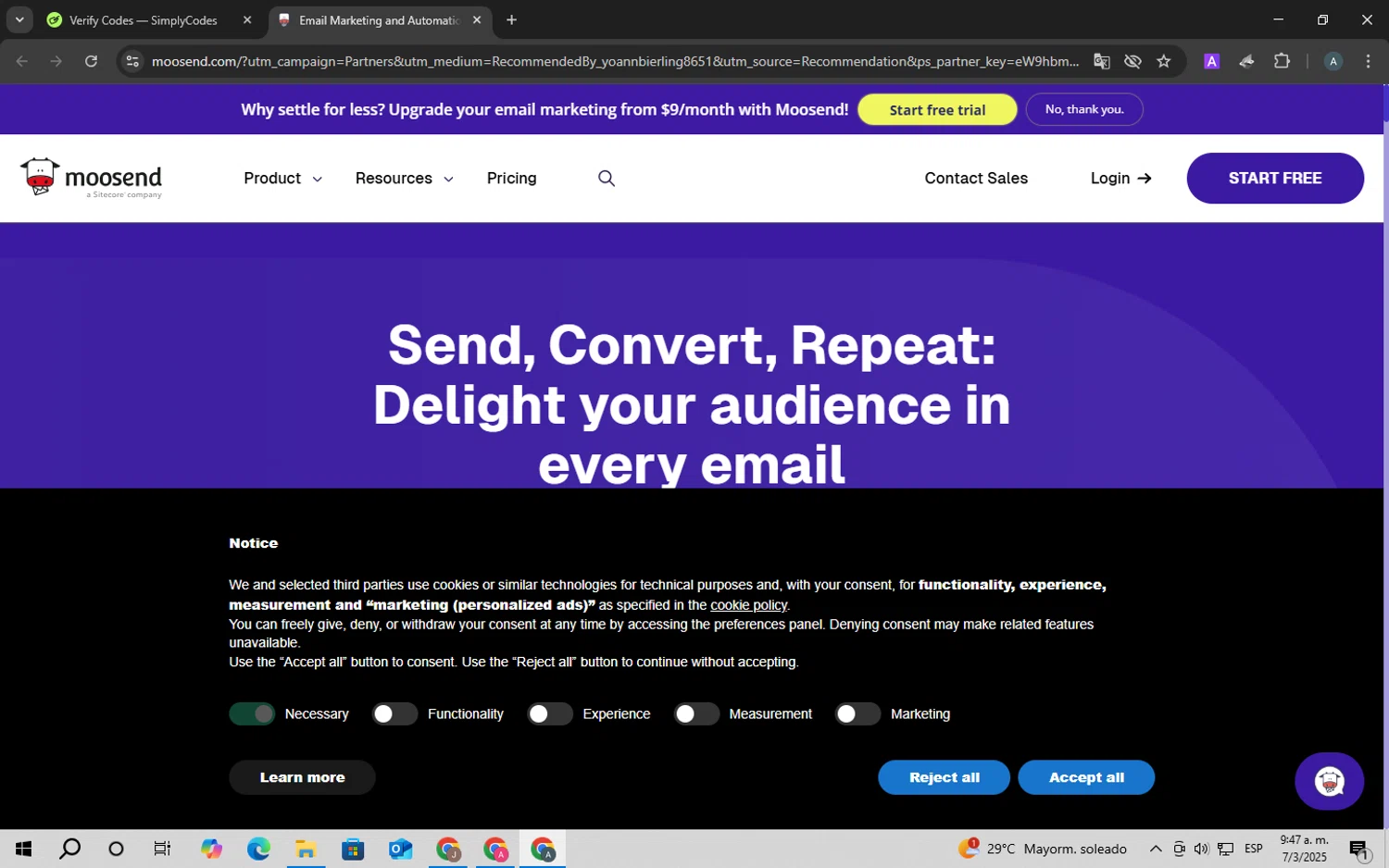 Odoo discount code screenshot showing code SWEET60 applied at Odoo checkout page. Uploaded by SimplyCodes community member ScanSpotter8851 on Mar 7, 2025