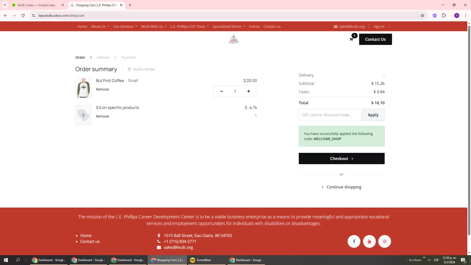 Odoo checkout page showing Odoo discount code box | Screenshot taken by SimplyCodes community member on Feb 3, 2026