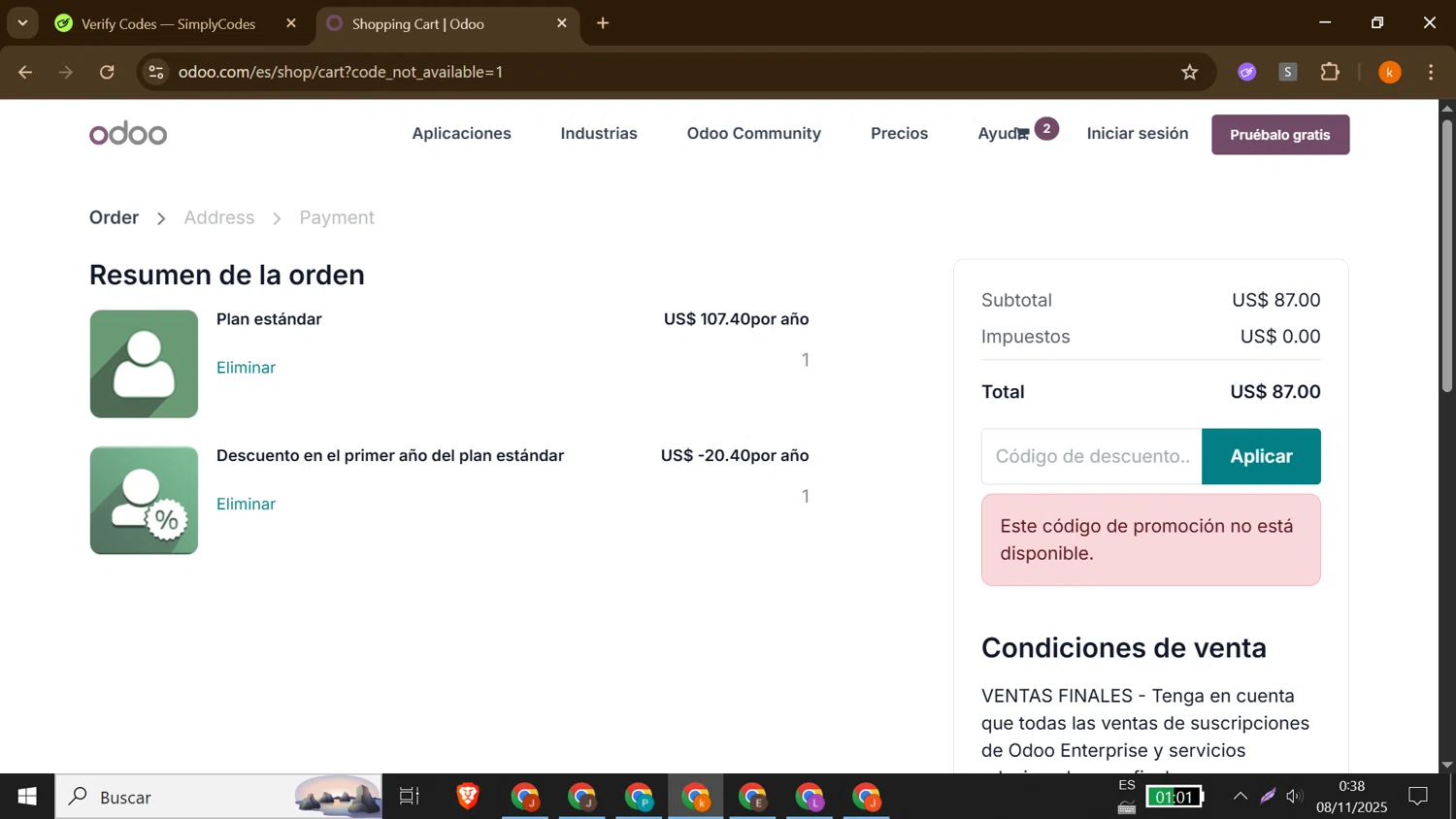Odoo discount code screenshot showing code HOOP/30% applied at Odoo checkout page. Uploaded by SimplyCodes community member MoneyShopper1883 on Nov 8, 2025