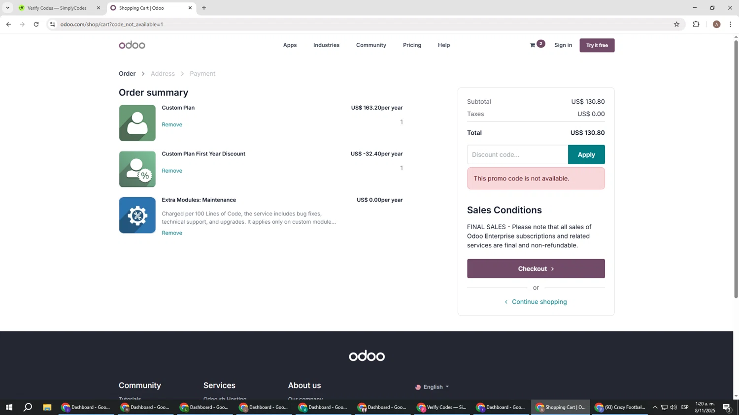 Odoo discount code screenshot showing code HOOP/30% applied at Odoo checkout page. Uploaded by SimplyCodes community member SwiftSage2309 on Nov 8, 2025