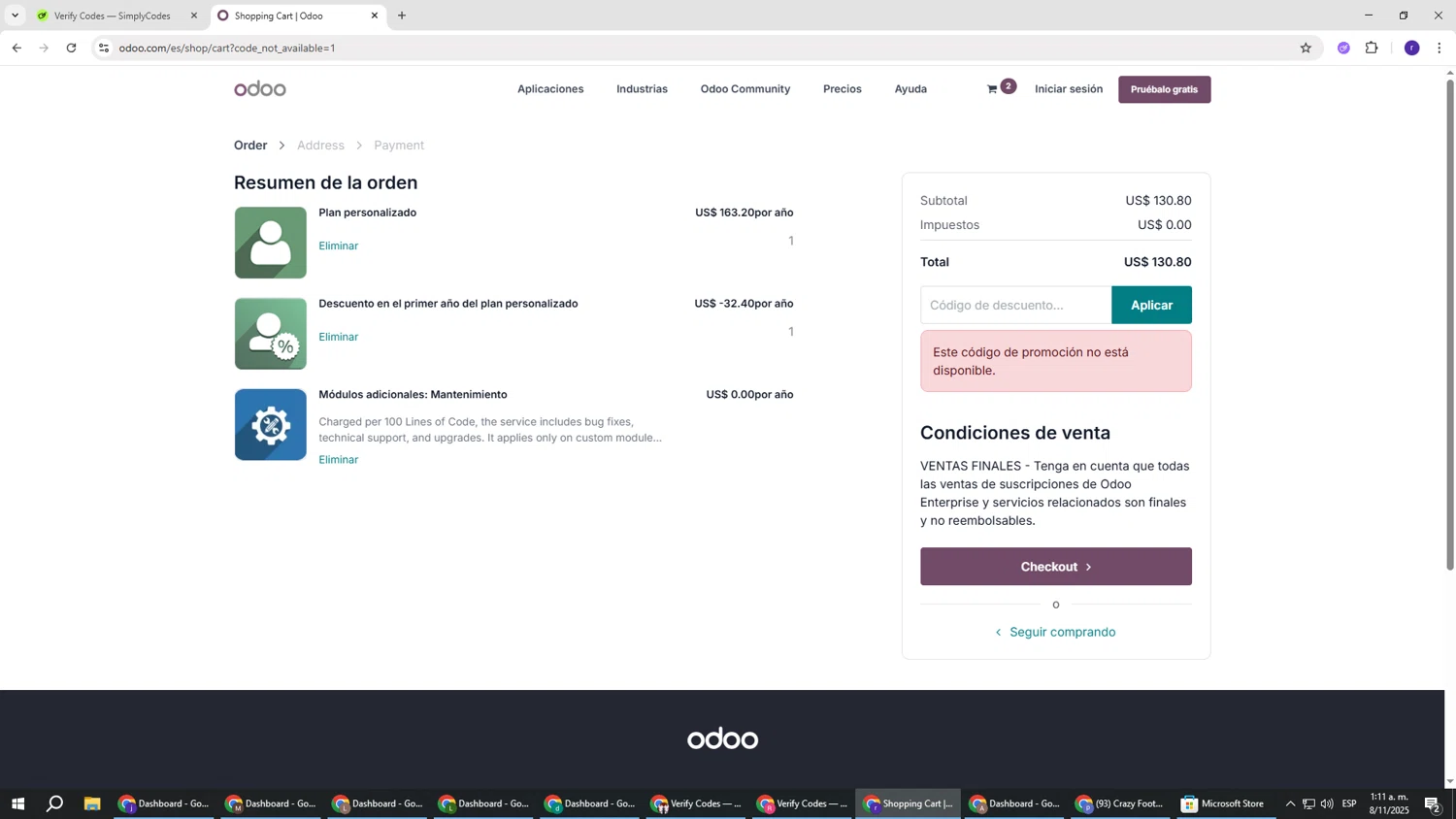 Odoo discount code screenshot showing code HL/20% applied at Odoo checkout page. Uploaded by SimplyCodes community member AberthGotopo on Nov 8, 2025