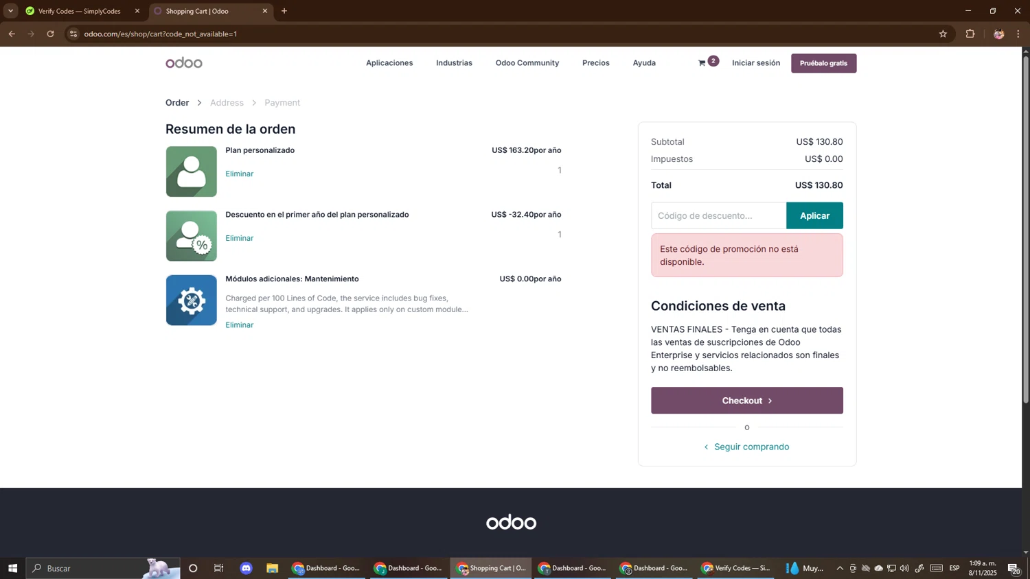 Odoo discount code screenshot showing code HL/20% applied at Odoo checkout page. Uploaded by SimplyCodes community member El_mynor on Nov 8, 2025