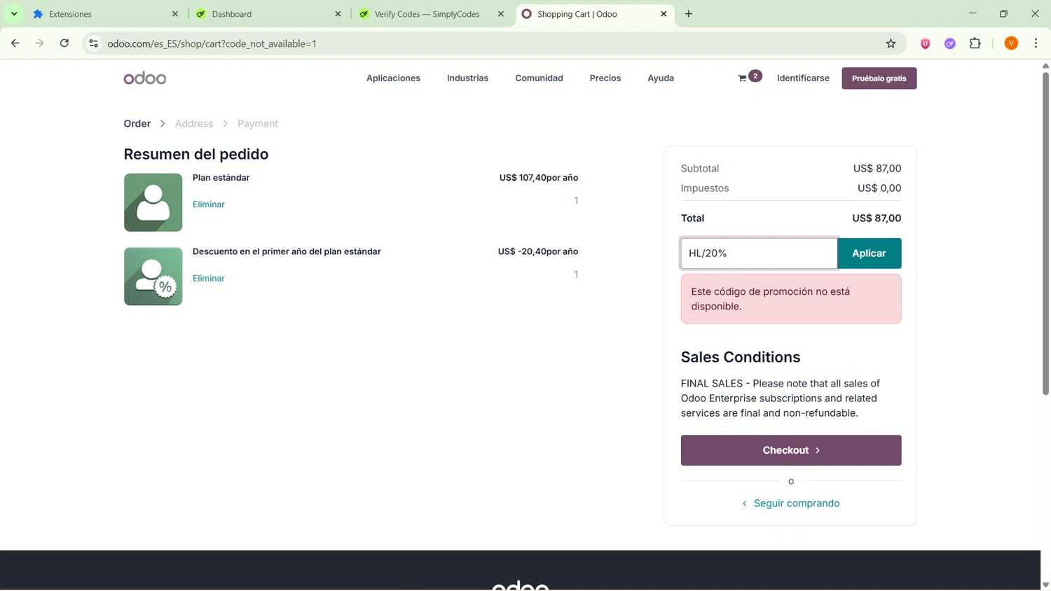 Odoo discount code screenshot showing code HL/20% applied at Odoo checkout page. Uploaded by SimplyCodes community member GoldFox1696 on Nov 8, 2025