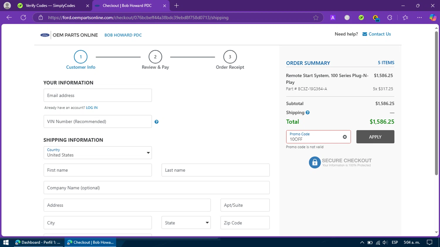 OEM Parts Online promo code screenshot showing code 10OFF applied at OEM Parts Online checkout page. Uploaded by SimplyCodes community member BargainFox507 on Mar 20, 2025