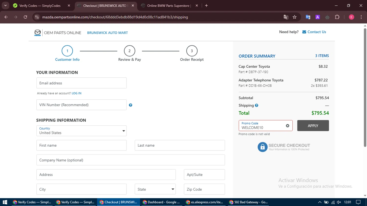 OEM Parts Online promo code screenshot showing code WELCOME10 applied at OEM Parts Online checkout page. Uploaded by SimplyCodes community member MightyNavigator742 on Mar 22, 2025