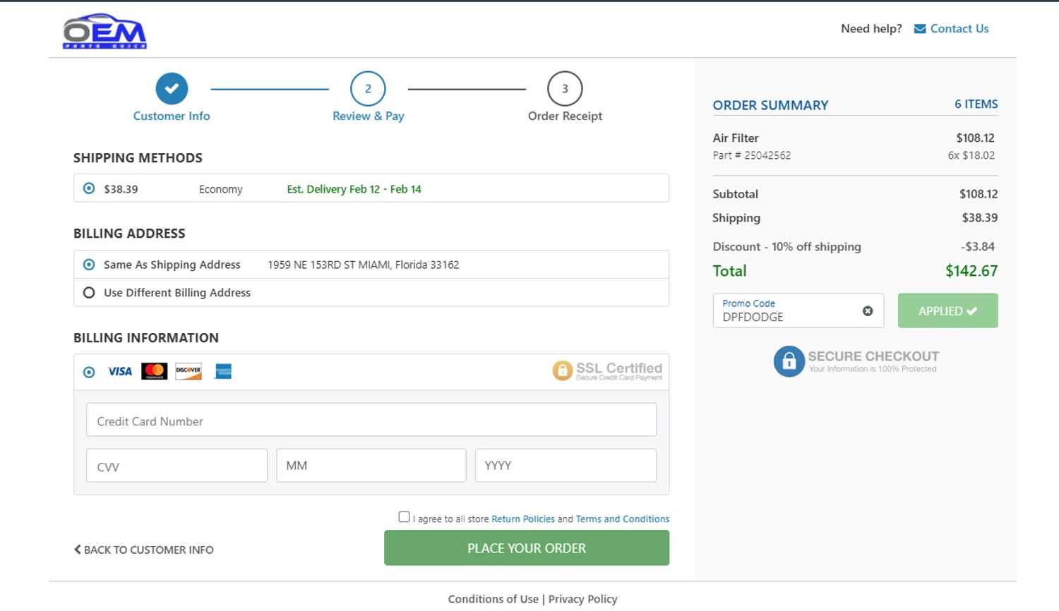 OEM Parts Quick checkout page showing OEM Parts Quick promo code box | Screenshot taken by SimplyCodes community member on Feb 7, 2025