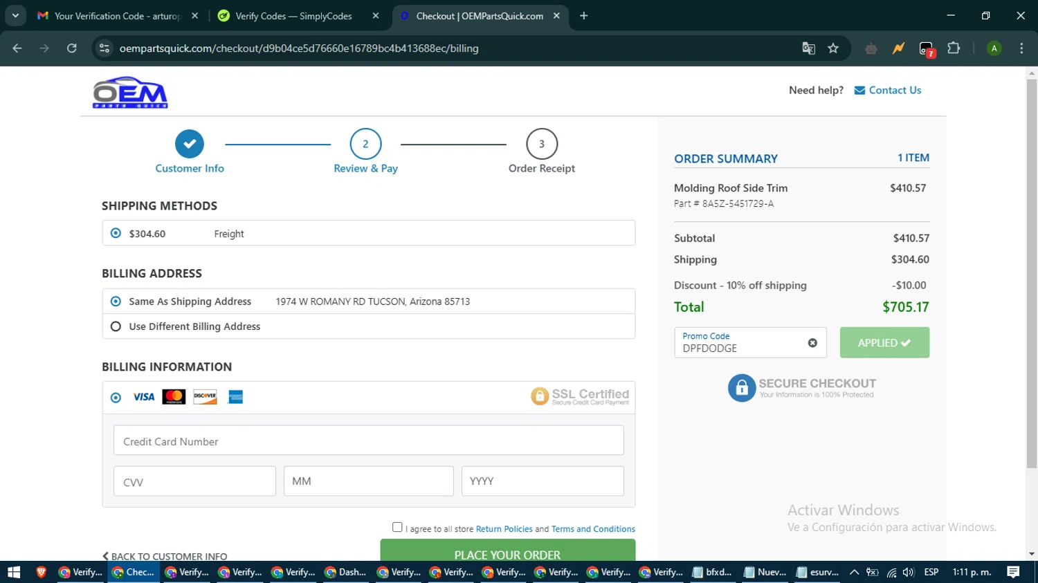OEM Parts Quick checkout page showing OEM Parts Quick promo code box | Screenshot taken by SimplyCodes community member on Feb 14, 2025