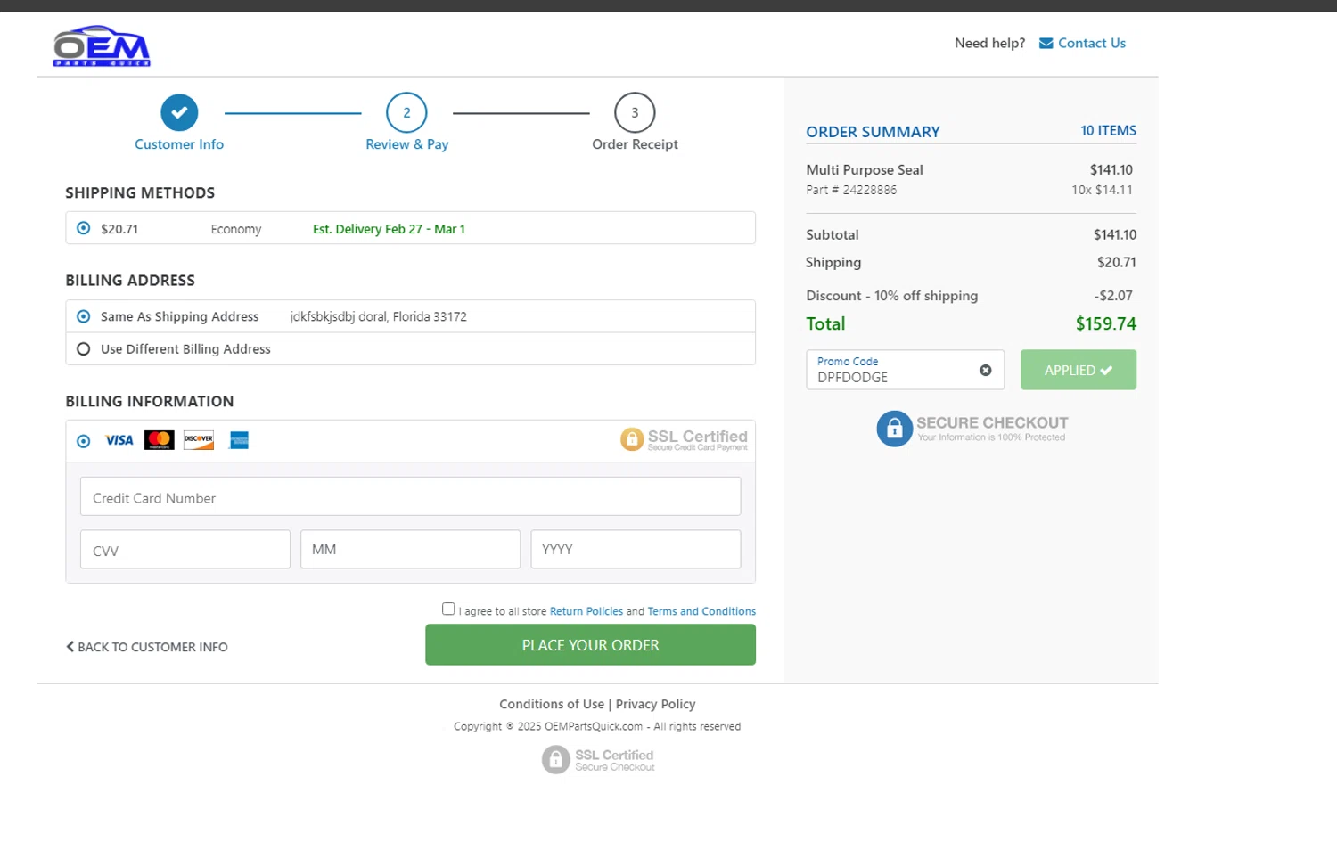OEM Parts Quick promo code screenshot showing code DPFDODGE applied at OEM Parts Quick checkout page. Uploaded by SimplyCodes community member ShieldTitan9442 on Feb 24, 2025