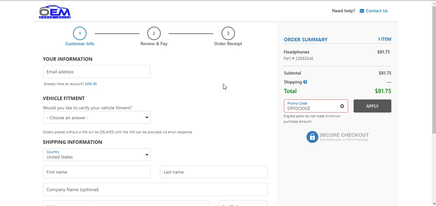 OEM Parts Quick checkout page showing OEM Parts Quick promo code box | Screenshot taken by SimplyCodes community member on Feb 15, 2025