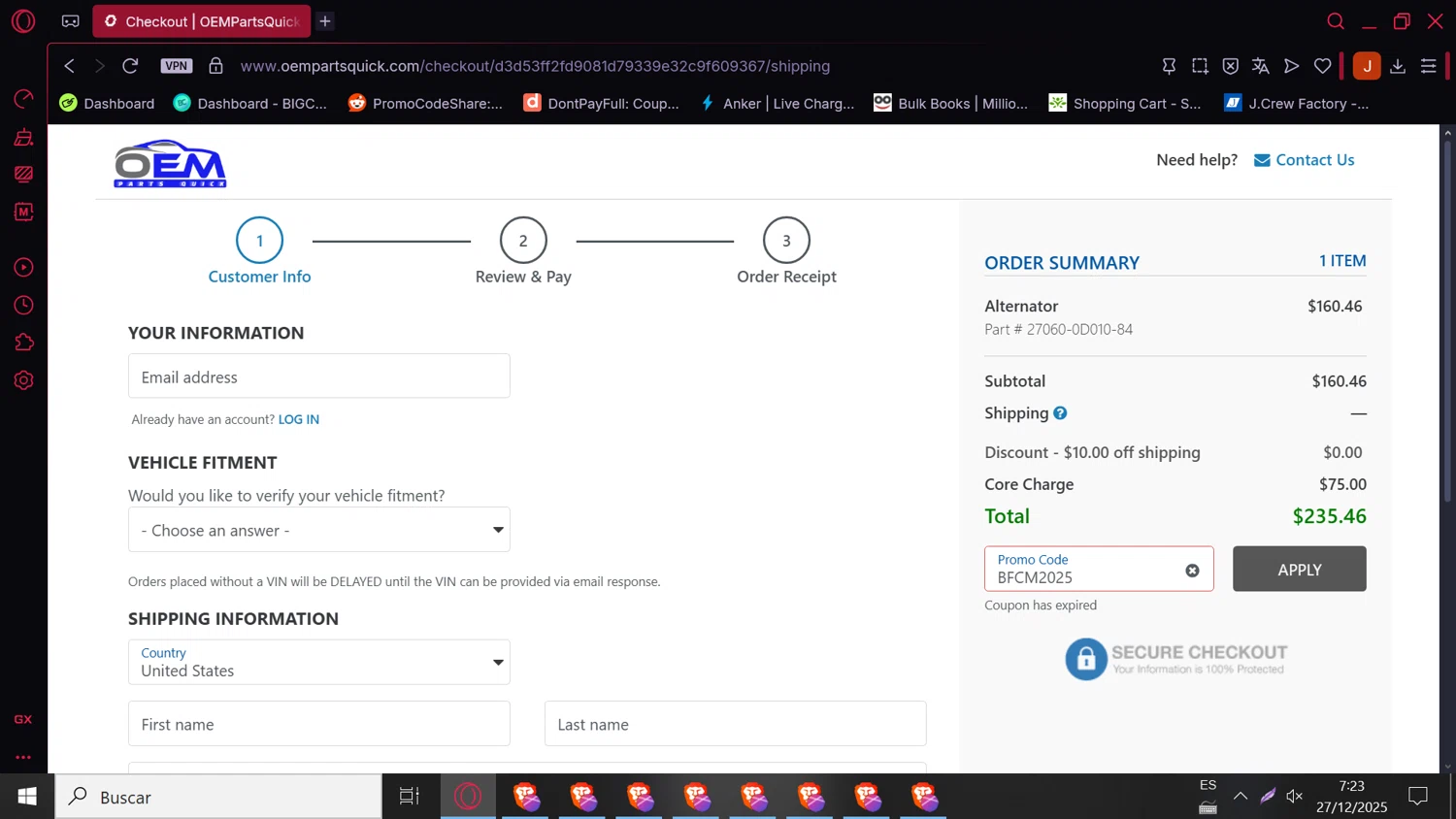 OEM Parts Quick promo code screenshot showing code BFCM2025 applied at OEM Parts Quick checkout page. Uploaded by SimplyCodes community member DORIANGEL on Dec 27, 2025