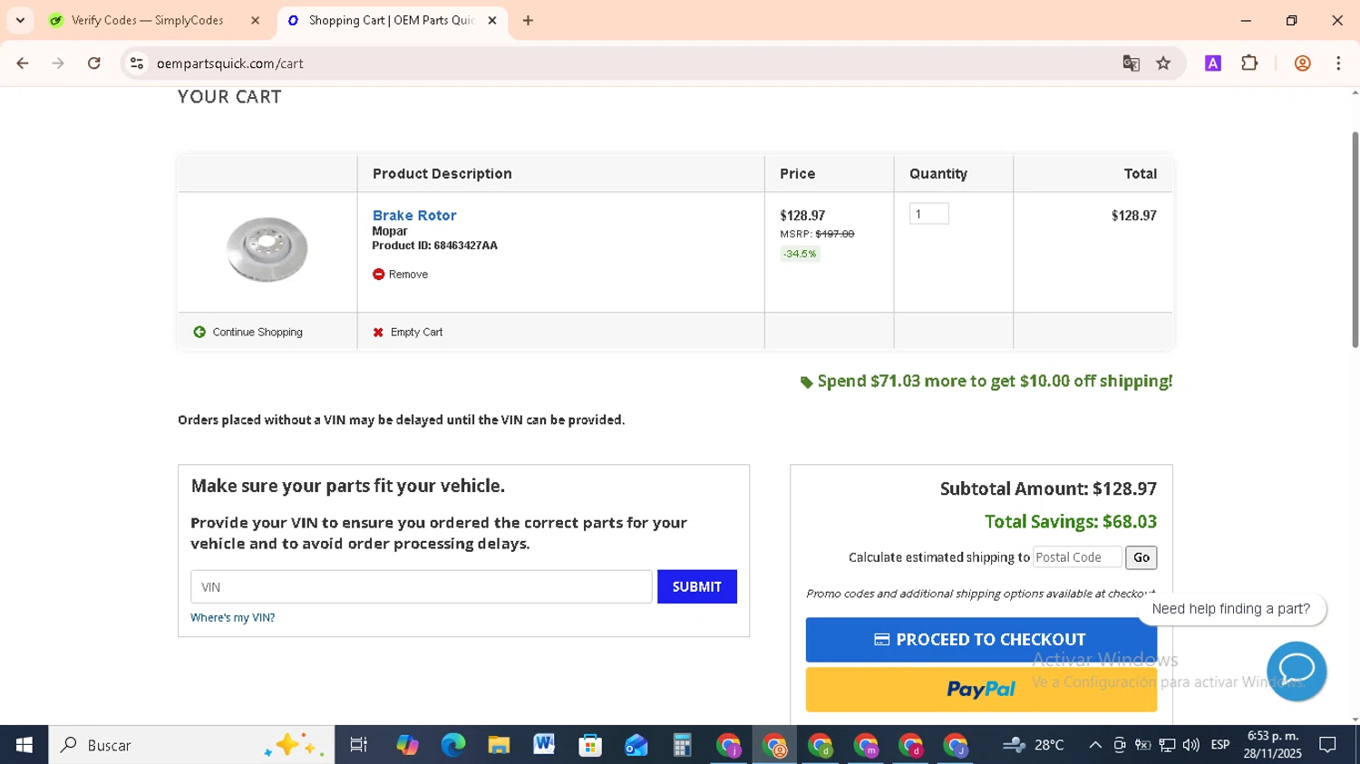 OEM Parts Quick promo code screenshot showing code BFCM2025 applied at OEM Parts Quick checkout page. Uploaded by SimplyCodes community member RebateCollector5909 on Nov 28, 2025
