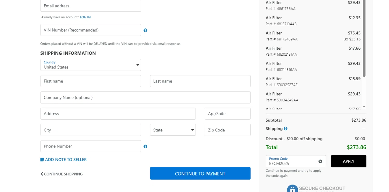 OEM Parts Quick promo code screenshot showing code BFCM2025 applied at OEM Parts Quick checkout page. Uploaded by SimplyCodes community member Yazuke_Tag on Nov 28, 2025