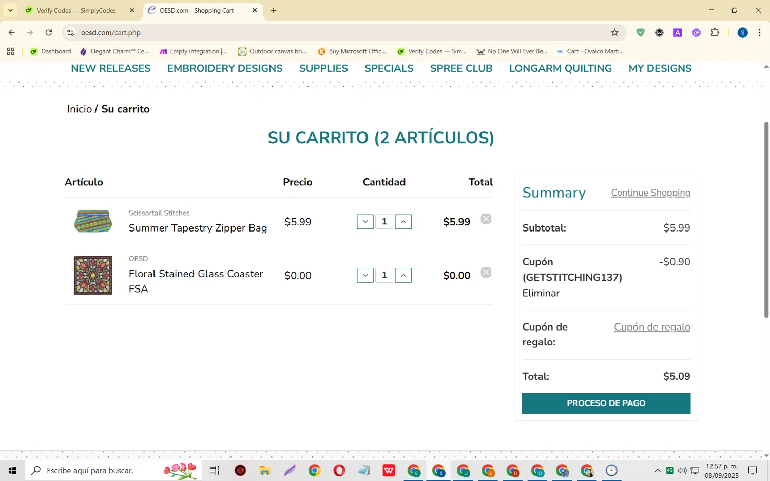 OESD coupon code screenshot showing code GETSTITCHING137 applied at OESD checkout page. Uploaded by SimplyCodes community member CleverOwl2485 on Sep 8, 2025