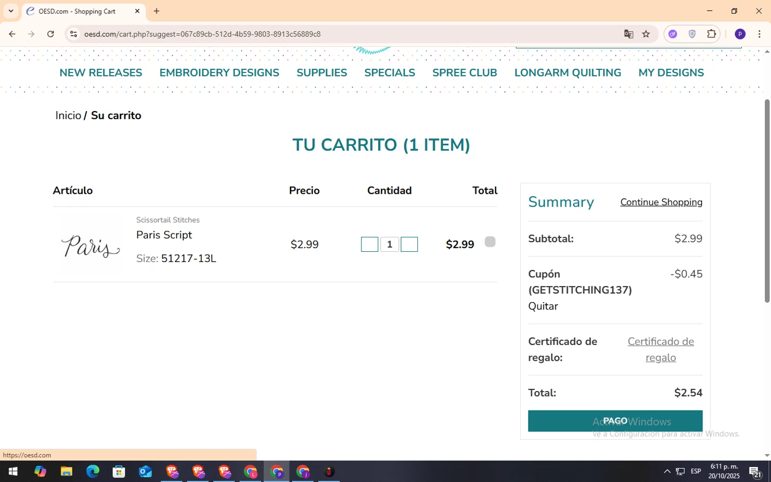 OESD coupon code screenshot showing code GETSTITCHING137 applied at OESD checkout page. Uploaded by SimplyCodes community member NobleFox9153 on Oct 20, 2025