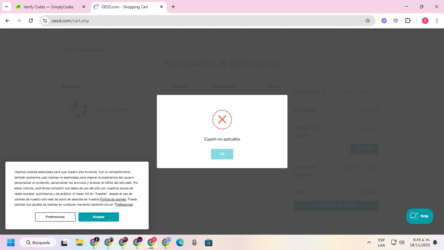 OESD coupon code screenshot showing code GETSTITCHING137 applied at OESD checkout page. Uploaded by SimplyCodes community member VoucherExpert2930 on Nov 18, 2025