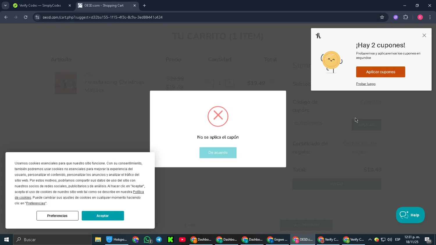 OESD coupon code screenshot showing code OESDSEW2025 applied at OESD checkout page. Uploaded by SimplyCodes community member CouponGuardian8137 on Nov 18, 2025