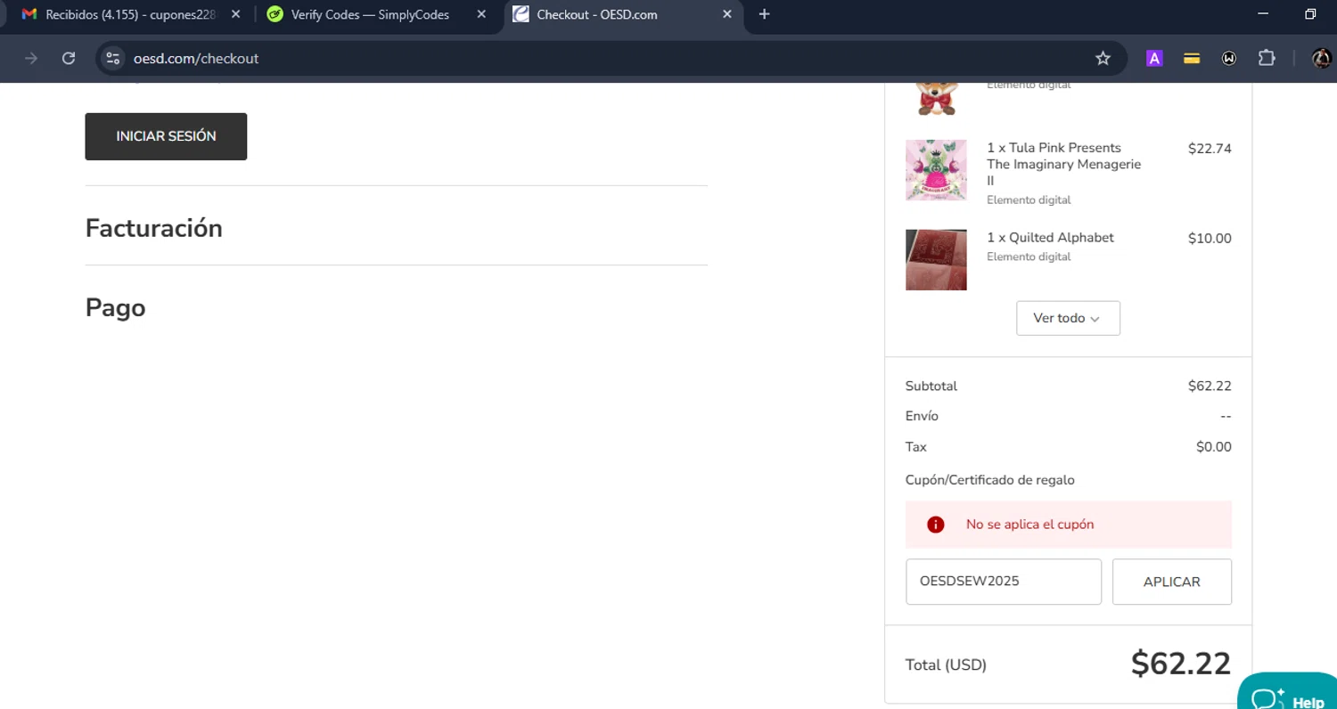 OESD coupon code screenshot showing code OESDSEW2025 applied at OESD checkout page. Uploaded by SimplyCodes community member Eduard on Nov 18, 2025
