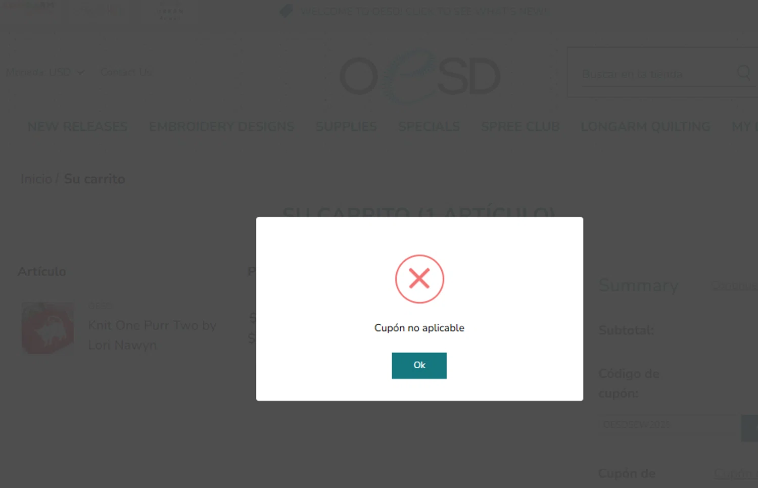 OESD coupon code screenshot showing code OESDSEW2025 applied at OESD checkout page. Uploaded by SimplyCodes community member ashe1986 on Dec 9, 2025