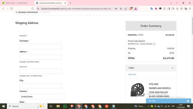 OE Wheels checkout page showing OE Wheels promo code box | Screenshot taken by SimplyCodes community member on Feb 17, 2025