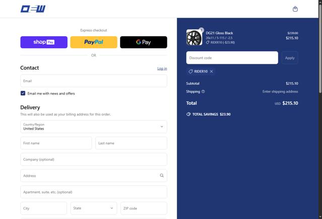 OE Wheels checkout page showing OE Wheels promo code box | Screenshot taken by SimplyCodes community member on Mar 29, 2025