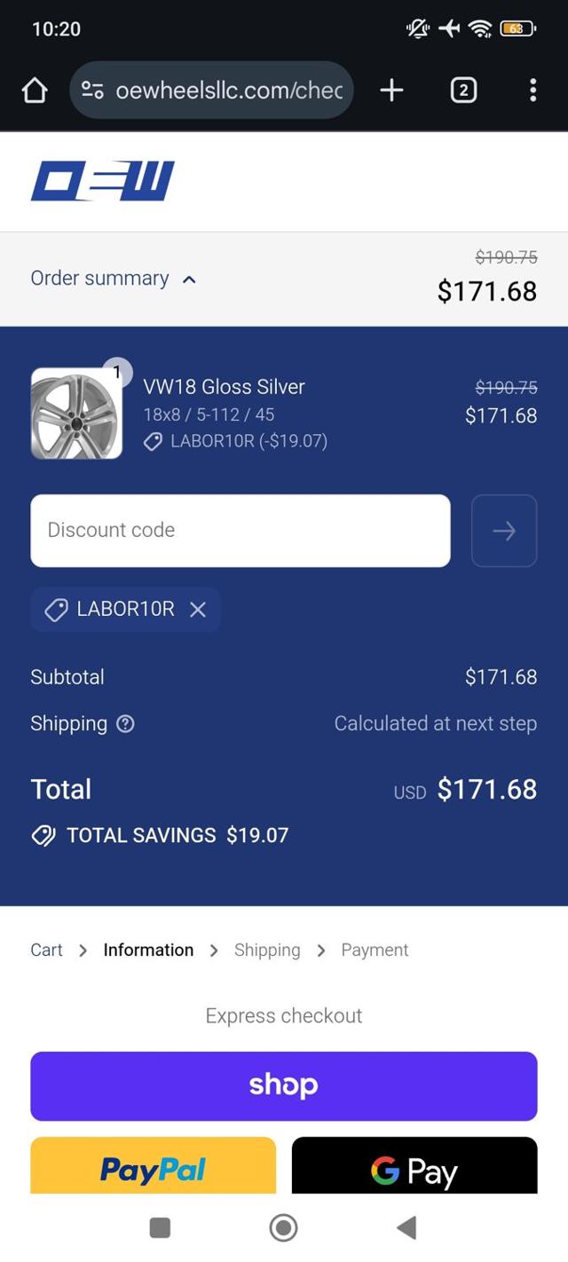 OE Wheels checkout page showing OE Wheels promo code box | Screenshot taken by SimplyCodes community member on Sep 1, 2025