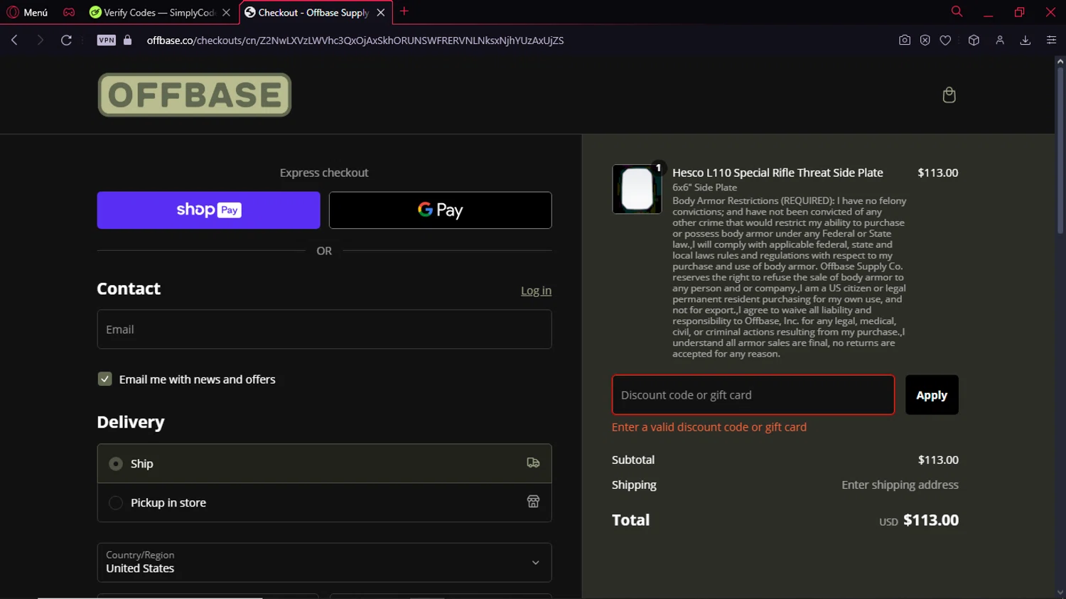 Offbase Supply Co. discount code screenshot showing code HESCOCOMBO applied at Offbase Supply Co. checkout page. Uploaded by SimplyCodes community member MoneyTitan8787 on Jan 15, 2025