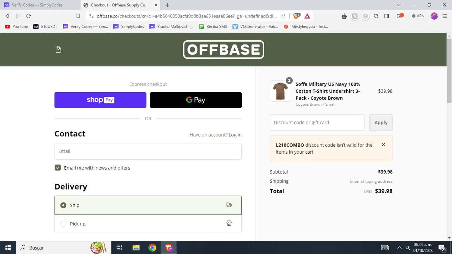 Offbase Supply Co. checkout page showing Offbase Supply Co. discount code box | Screenshot taken by SimplyCodes community member on Oct 1, 2023
