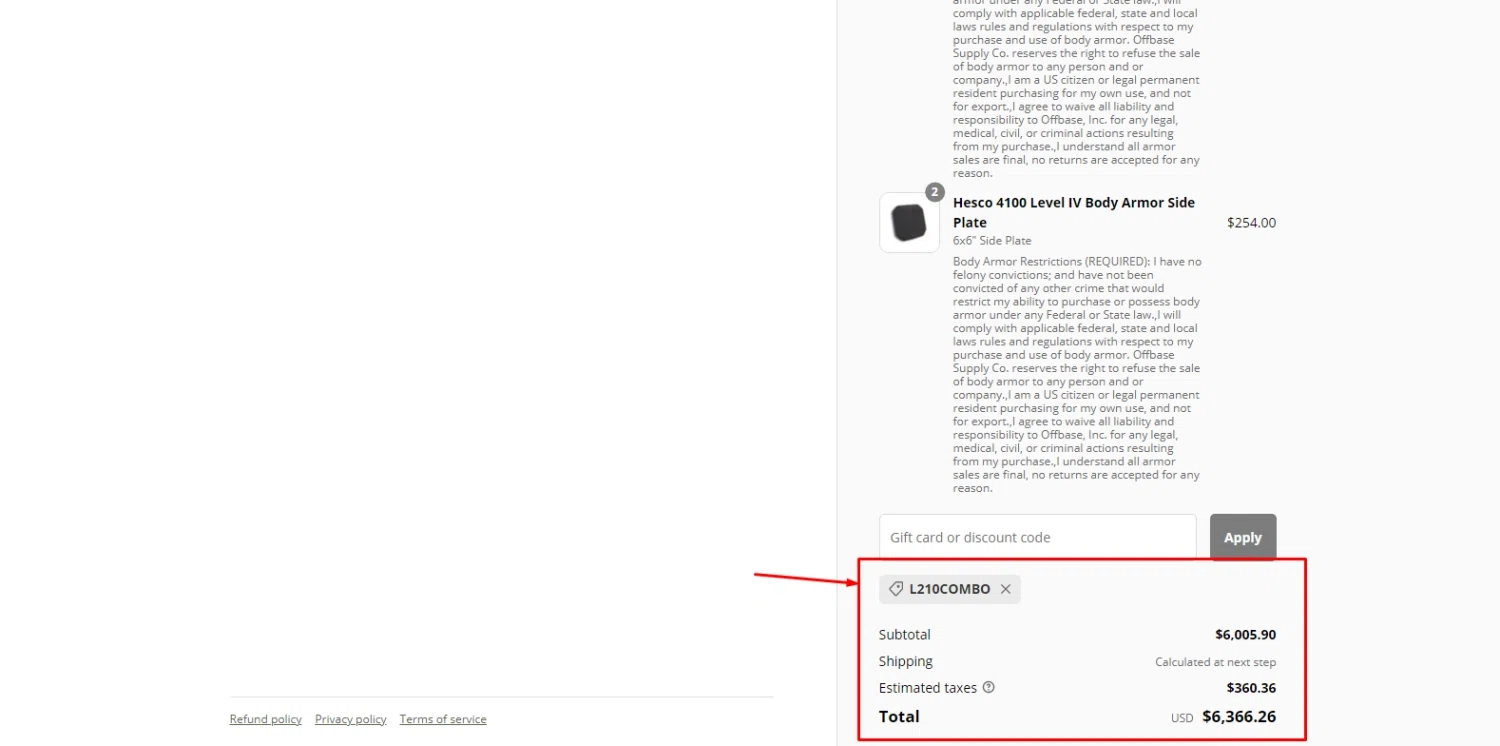Offbase Supply Co. checkout page showing Offbase Supply Co. discount code box | Screenshot taken by SimplyCodes community member on May 9, 2023