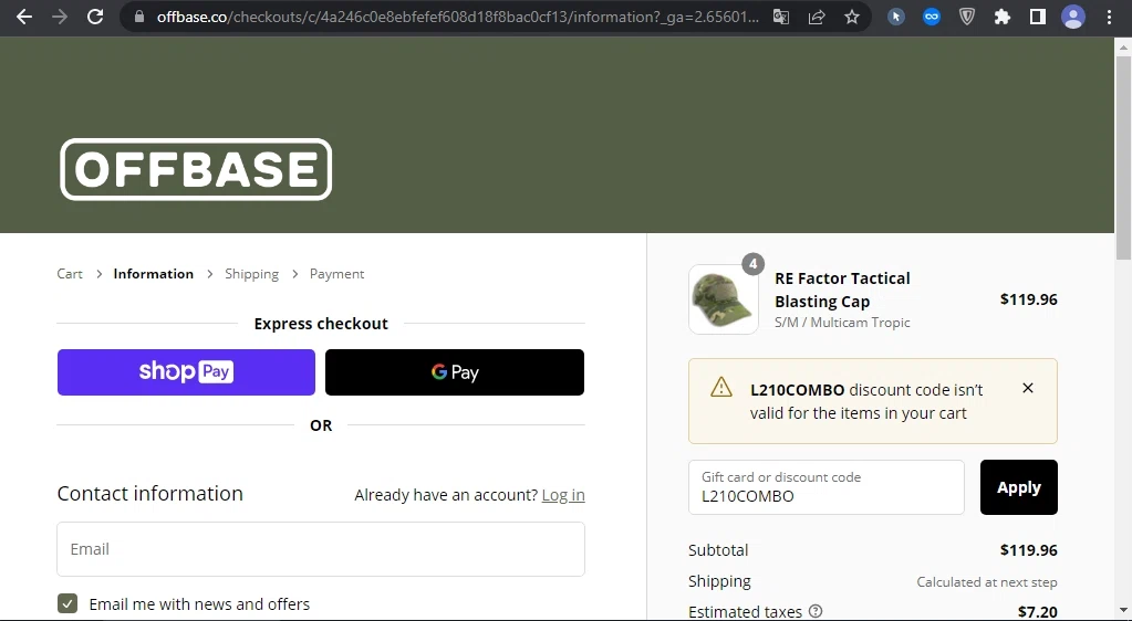 Offbase Supply Co. checkout page showing Offbase Supply Co. discount code box | Screenshot taken by SimplyCodes community member on Apr 10, 2023