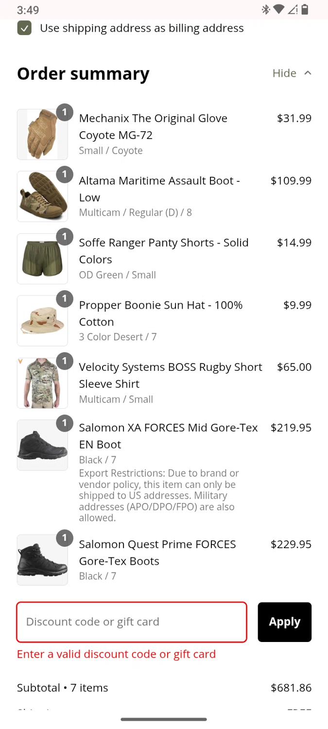 Offbase Supply Co. discount code screenshot showing code SALOMON25 applied at Offbase Supply Co. checkout page. Uploaded by SimplyCodes community member karolg on Jan 5, 2025