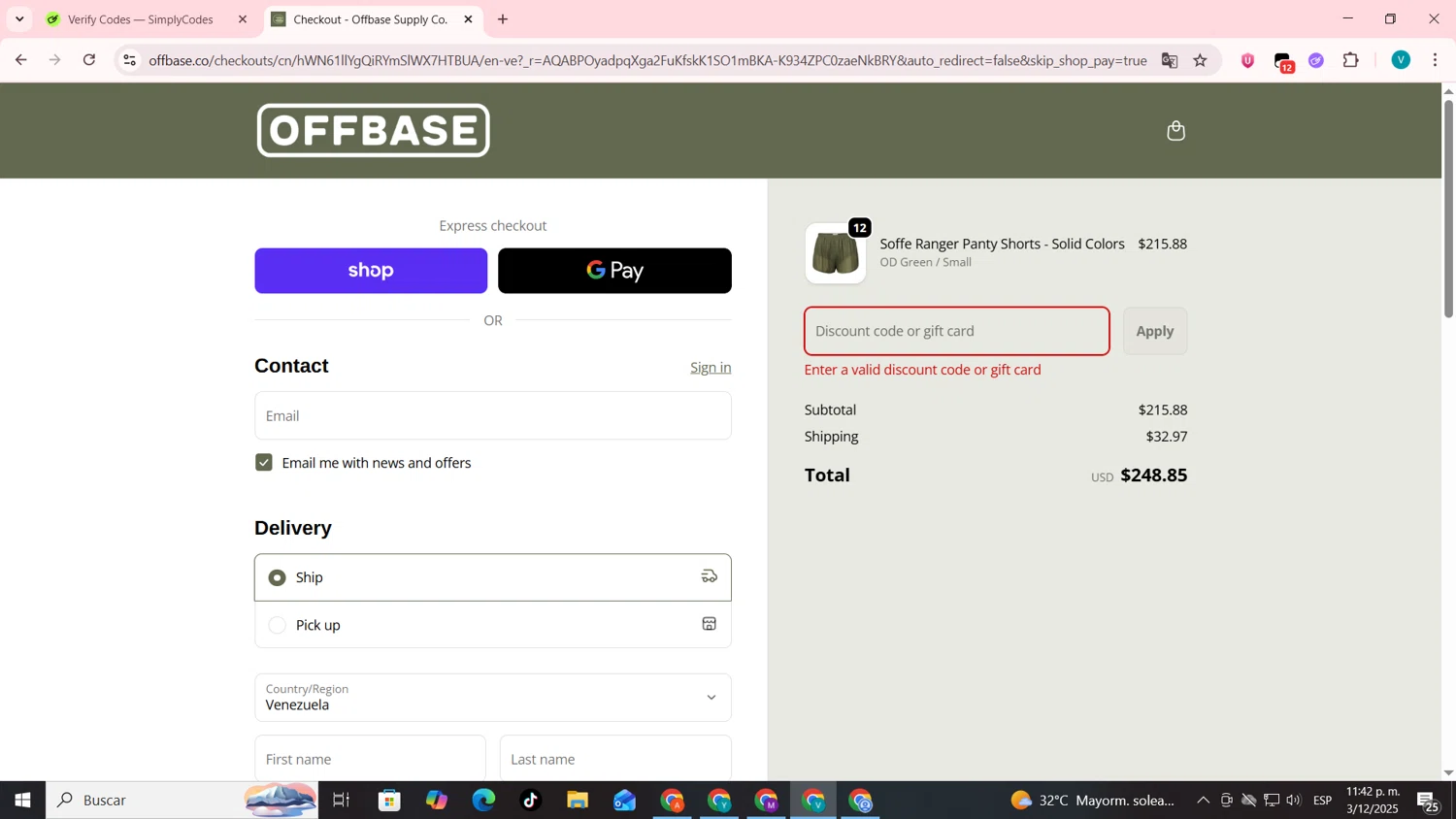 Offbase Supply Co. discount code screenshot showing code BFCM2025 applied at Offbase Supply Co. checkout page. Uploaded by SimplyCodes community member lyffytaro on Dec 4, 2025