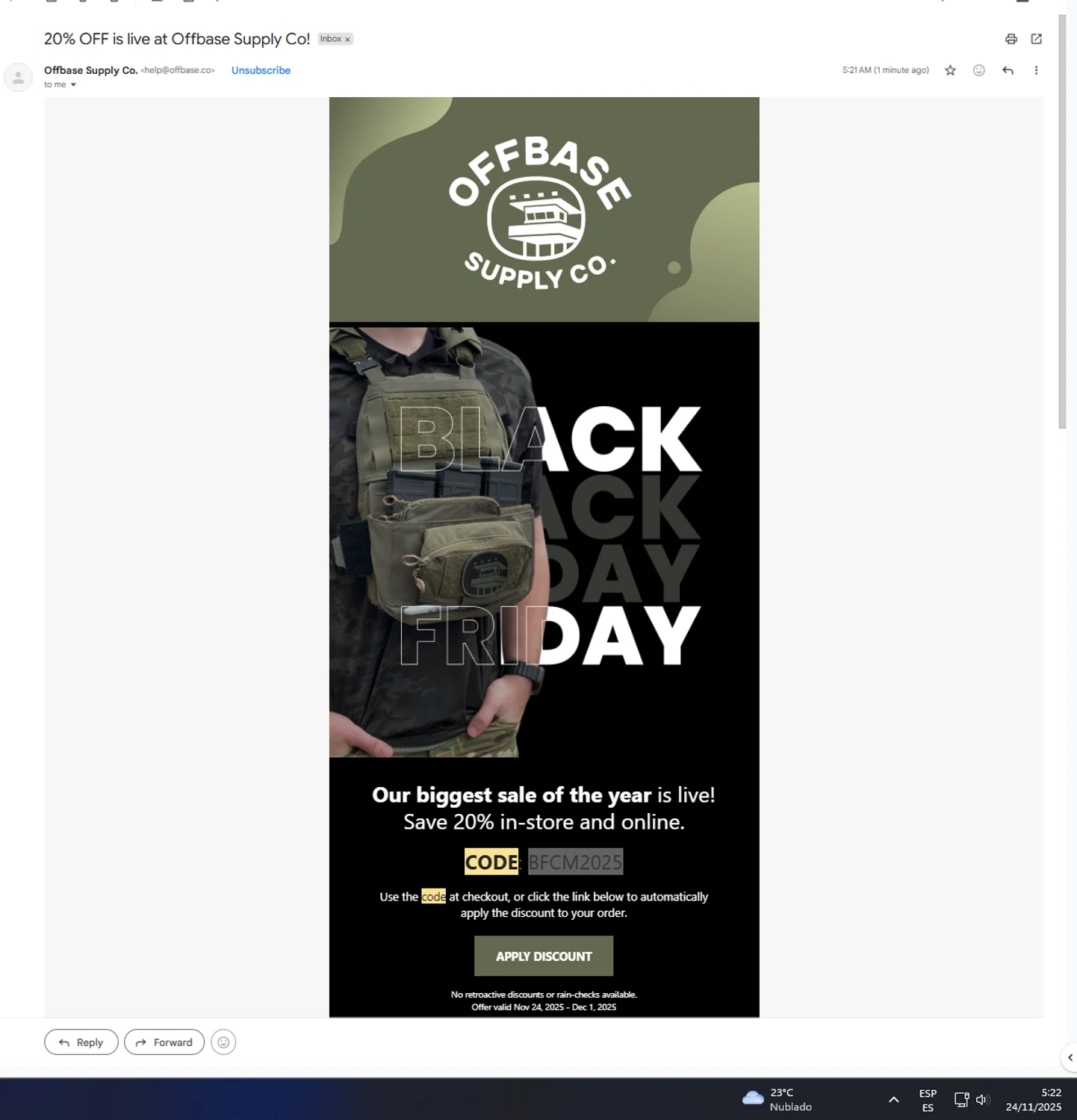 Offbase Supply Co. discount code screenshot showing code BFCM2025 applied at Offbase Supply Co. checkout page. Uploaded by SimplyCodes community member UnkNownVnzla on Nov 24, 2025